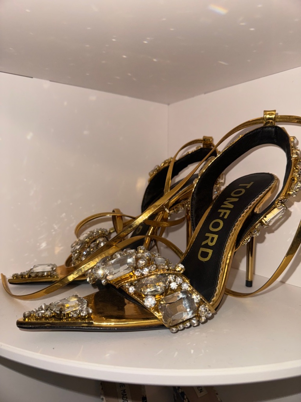 Tom Ford Metallic Gold Jeweled Strappy Stiletto Sandals